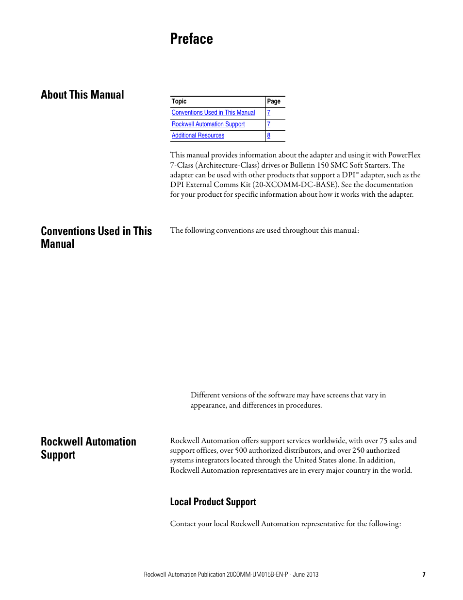 Preface, About this manual, Conventions used in this manual | Rockwell automation support, Local product support | Rockwell Automation 20-COMM-ER 20-COMM-ER Dual-Port EtherNet/IP Communication Adapter User Manual User Manual | Page 7 / 238