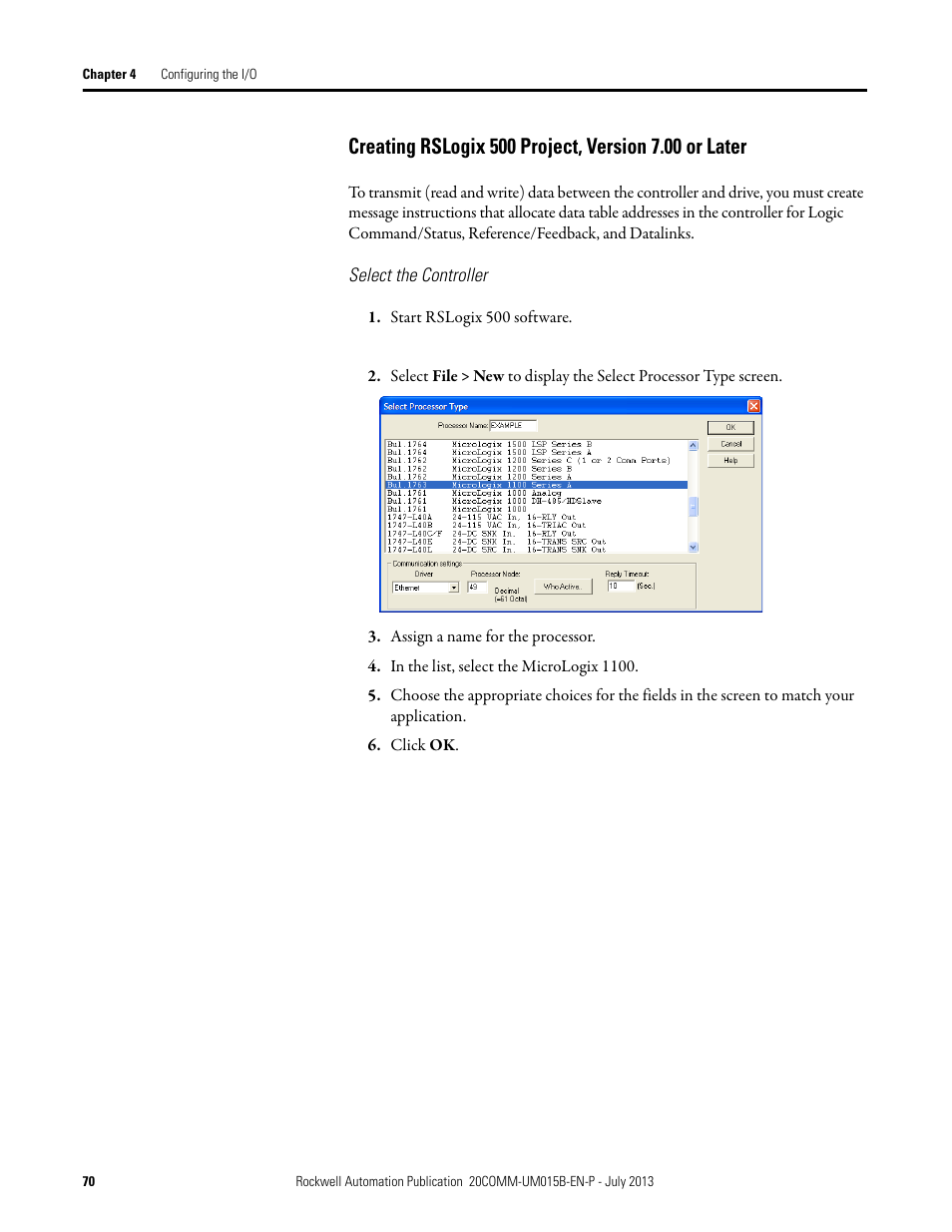 Select the controller | Rockwell Automation 20-COMM-ER 20-COMM-ER Dual-Port EtherNet/IP Communication Adapter User Manual User Manual | Page 70 / 238