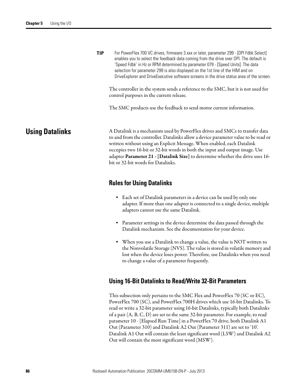 Using datalinks, Rules for using datalinks | Rockwell Automation 20-COMM-ER 20-COMM-ER Dual-Port EtherNet/IP Communication Adapter User Manual User Manual | Page 86 / 238