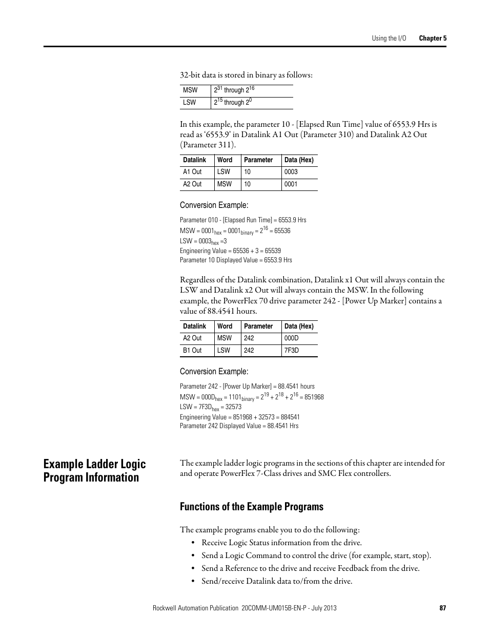 Example ladder logic program information, Functions of the example programs | Rockwell Automation 20-COMM-ER 20-COMM-ER Dual-Port EtherNet/IP Communication Adapter User Manual User Manual | Page 87 / 238