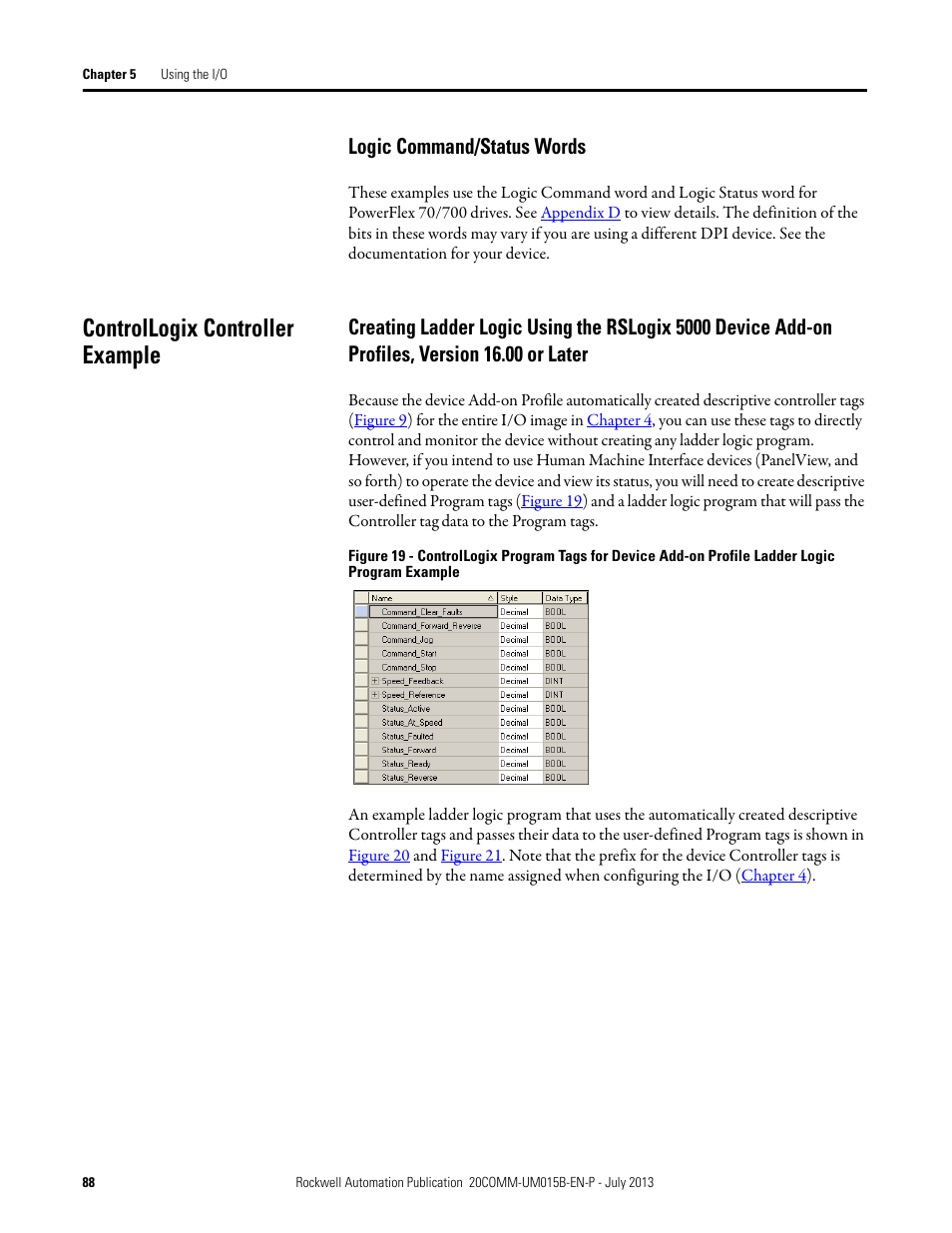 Logic command/status words, Controllogix controller example | Rockwell Automation 20-COMM-ER 20-COMM-ER Dual-Port EtherNet/IP Communication Adapter User Manual User Manual | Page 88 / 238