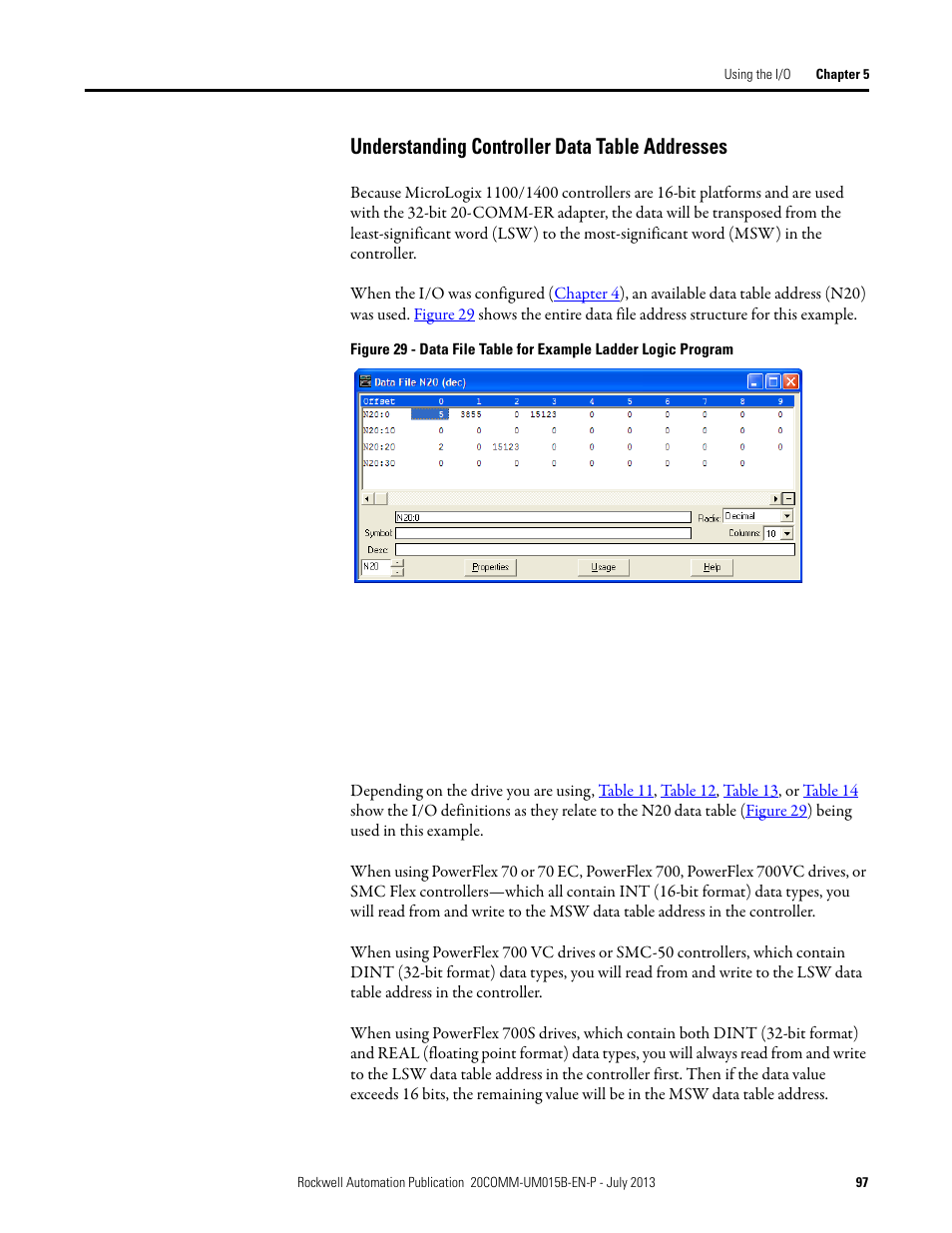 Understanding controller data table addresses | Rockwell Automation 20-COMM-ER 20-COMM-ER Dual-Port EtherNet/IP Communication Adapter User Manual User Manual | Page 97 / 238