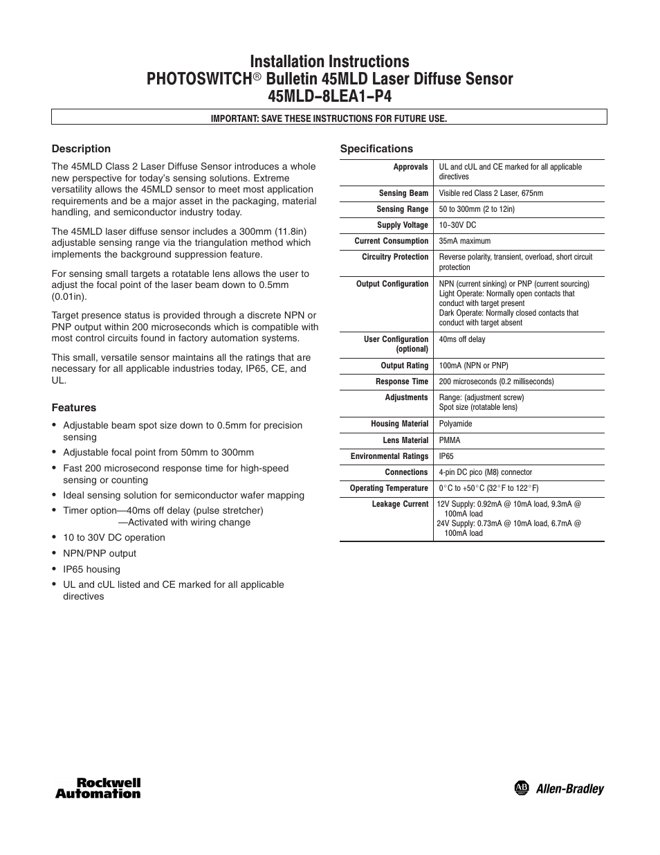 Rockwell Automation 45MLD Laser Diffuse Sensor User Manual | 4 pages