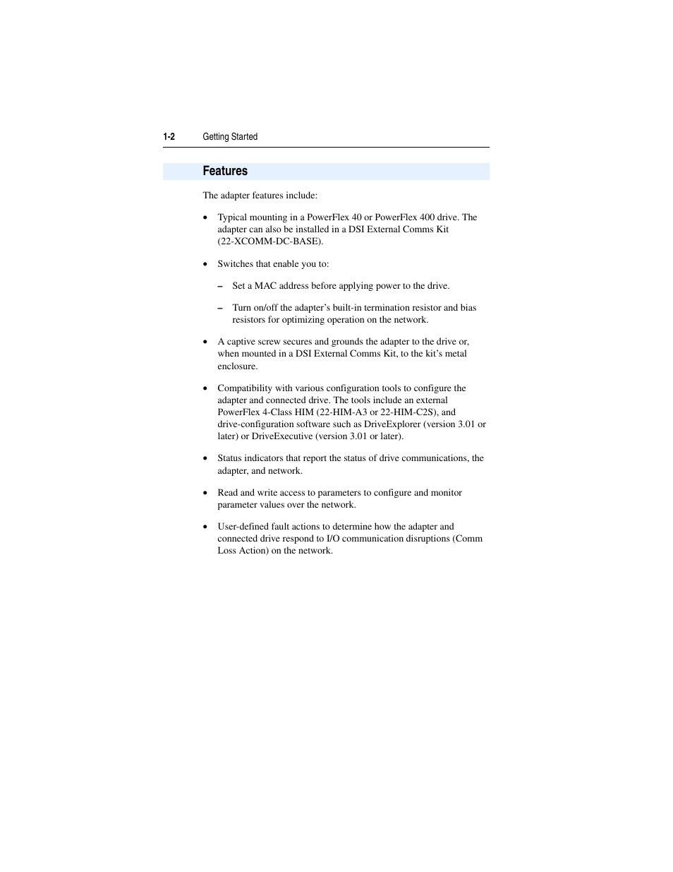 Features, Features -2 | Rockwell Automation 22-COMM-B PowerFlex BACnet MS/TP Adapter User Manual | Page 10 / 72