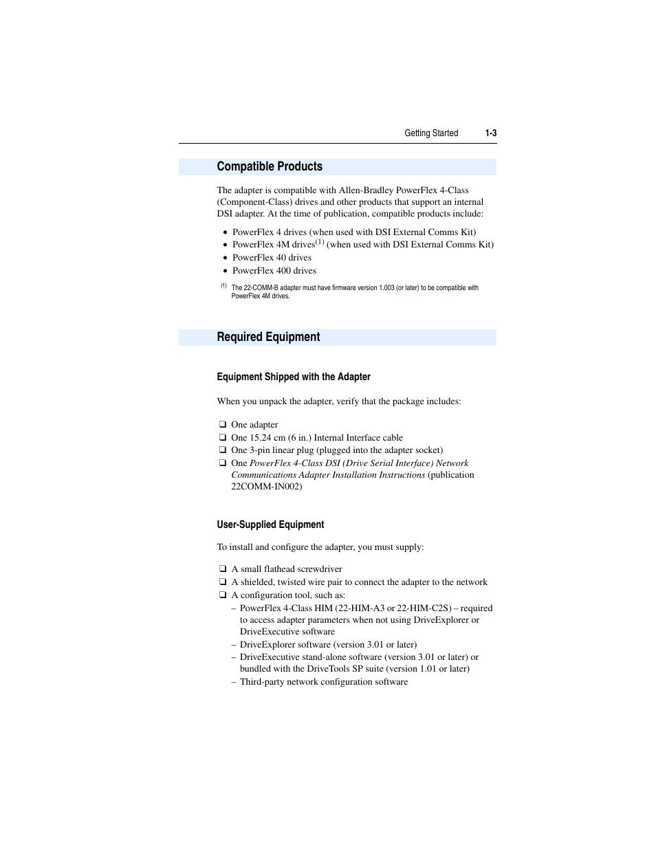 Compatible products, Required equipment, Equipment shipped with the adapter | User-supplied equipment, Compatible products -3 required equipment -3 | Rockwell Automation 22-COMM-B PowerFlex BACnet MS/TP Adapter User Manual | Page 11 / 72