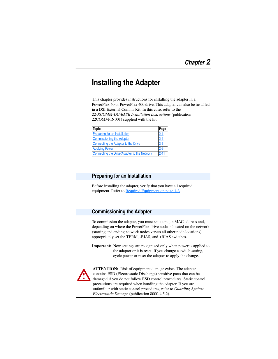 Chapter 2, Installing the adapter, Preparing for an installation | Commissioning the adapter, 2installing the adapter | Rockwell Automation 22-COMM-B PowerFlex BACnet MS/TP Adapter User Manual | Page 17 / 72