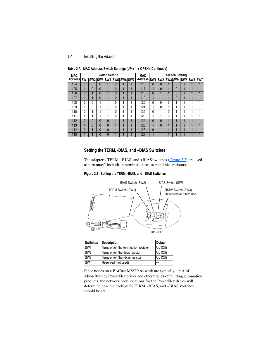 Setting the term, -bias, and +bias switches, Setting the term, -bias, and | Rockwell Automation 22-COMM-B PowerFlex BACnet MS/TP Adapter User Manual | Page 20 / 72