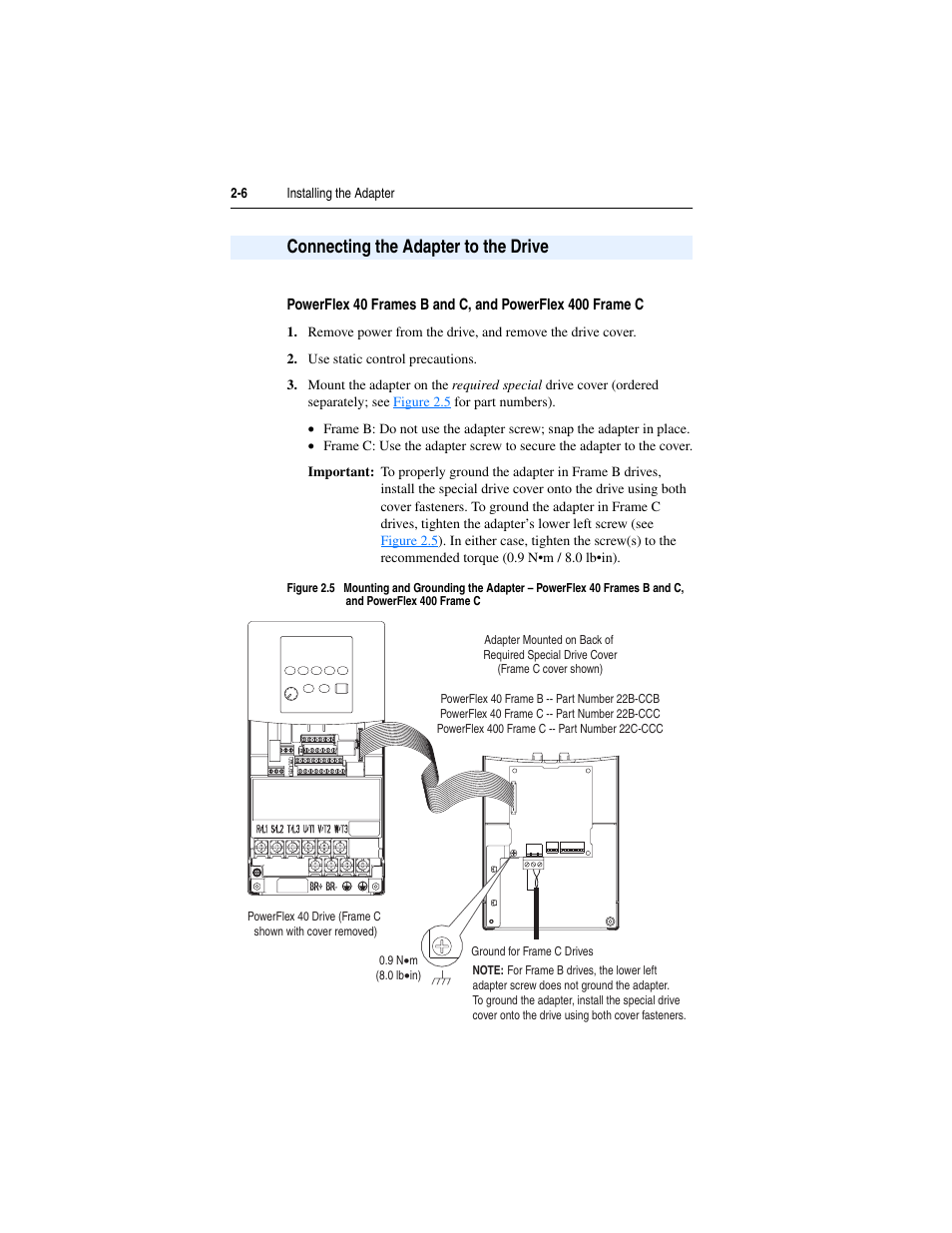 Connecting the adapter to the drive, Connecting the adapter to the drive -6 | Rockwell Automation 22-COMM-B PowerFlex BACnet MS/TP Adapter User Manual | Page 22 / 72