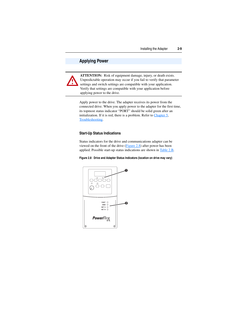 Applying power, Start-up status indications, Applying power -9 | Rockwell Automation 22-COMM-B PowerFlex BACnet MS/TP Adapter User Manual | Page 25 / 72