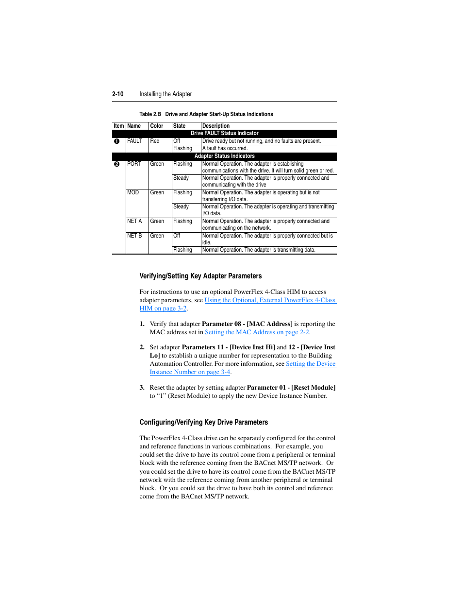 Verifying/setting key adapter parameters, Configuring/verifying key drive parameters | Rockwell Automation 22-COMM-B PowerFlex BACnet MS/TP Adapter User Manual | Page 26 / 72