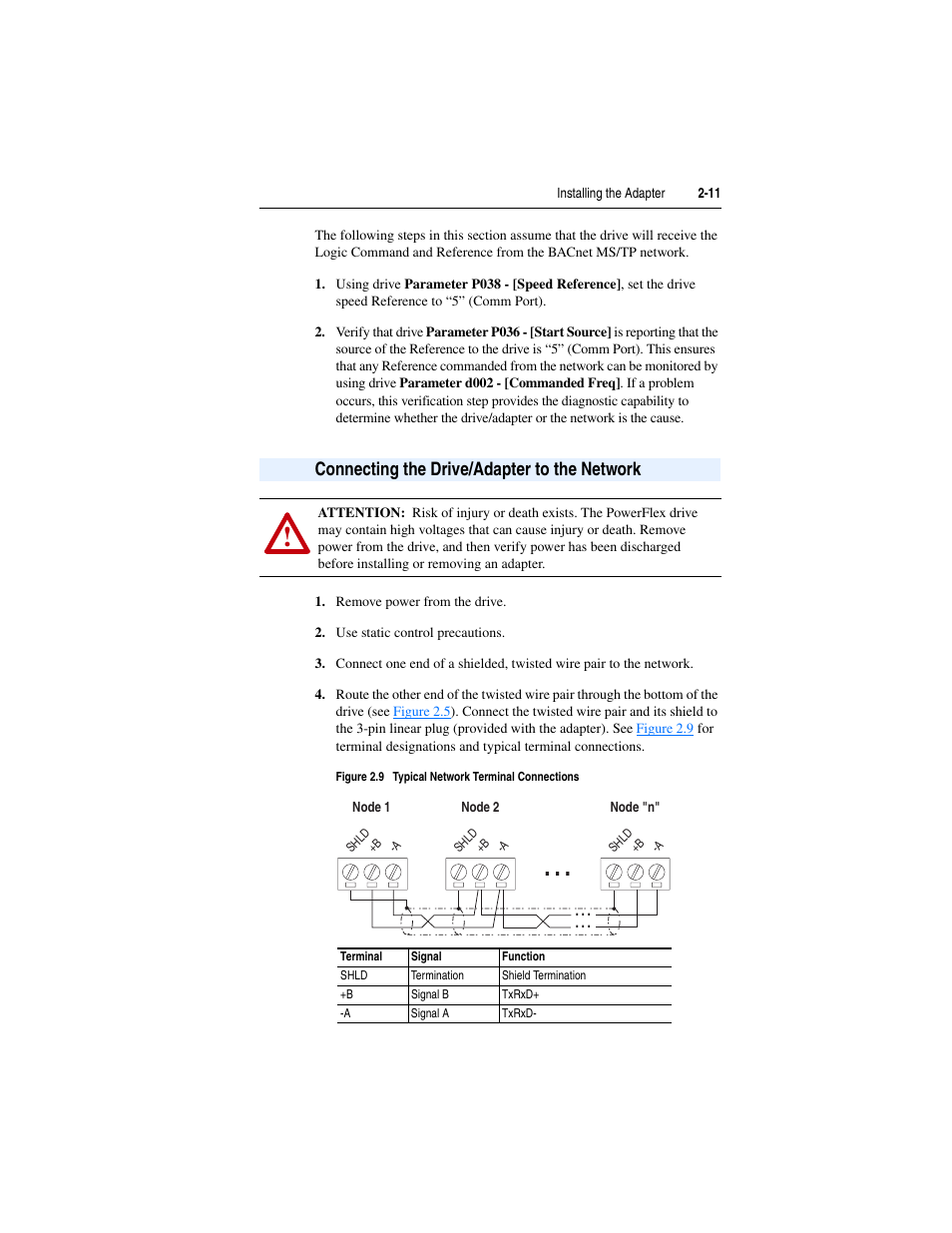 Connecting the drive/adapter to the network, Connecting the drive/adapter to the network -11 | Rockwell Automation 22-COMM-B PowerFlex BACnet MS/TP Adapter User Manual | Page 27 / 72