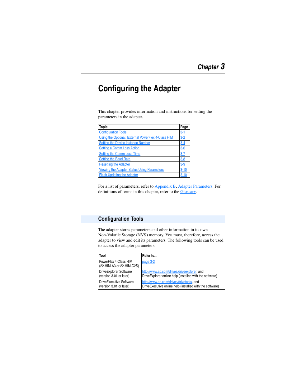 Chapter 3, Configuring the adapter, Configuration tools | Configuration tools -1, 3configuring the adapter, Chapter | Rockwell Automation 22-COMM-B PowerFlex BACnet MS/TP Adapter User Manual | Page 29 / 72