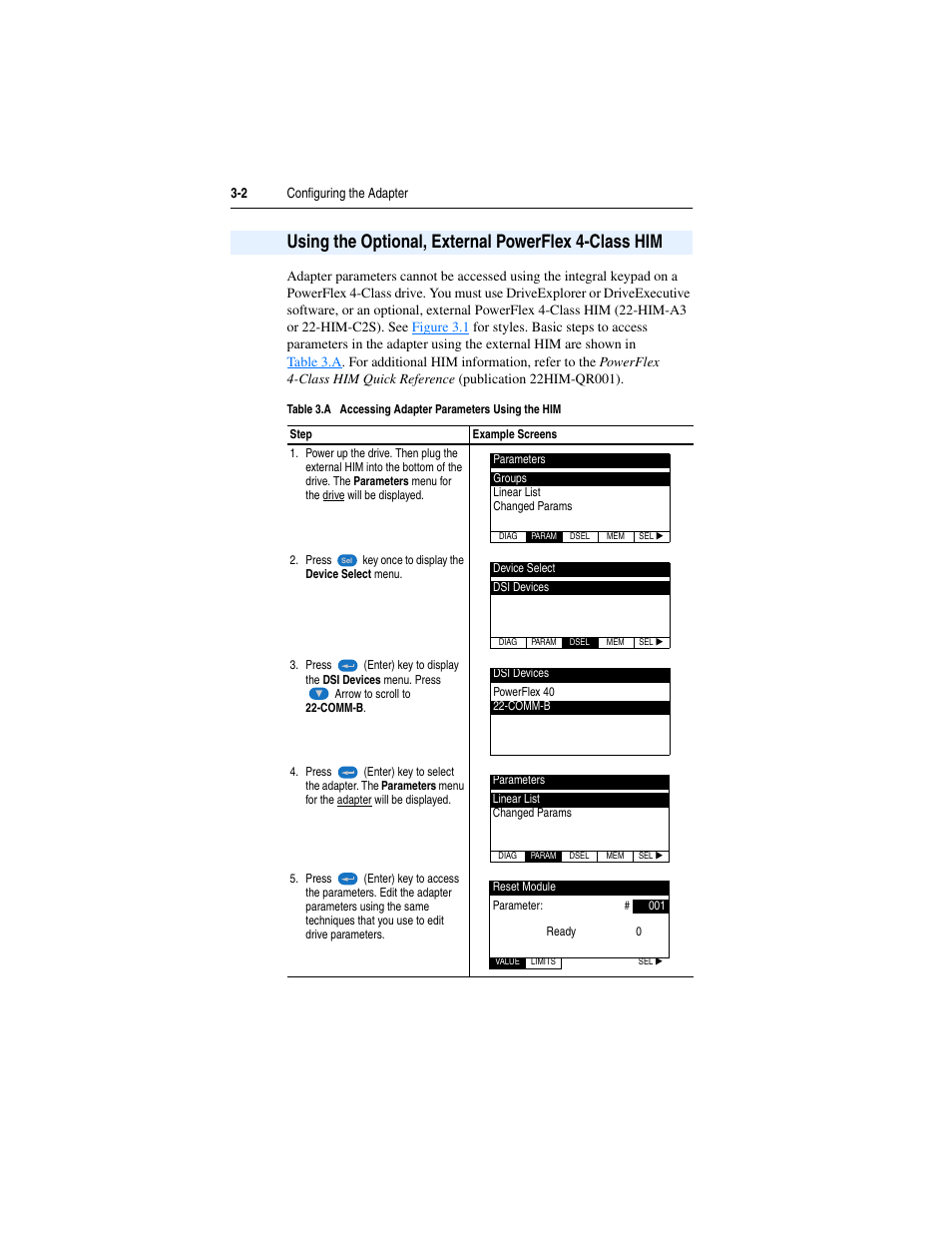 Using the optional, external powerflex 4-class him, Using the optional, external powerflex 4-class | Rockwell Automation 22-COMM-B PowerFlex BACnet MS/TP Adapter User Manual | Page 30 / 72