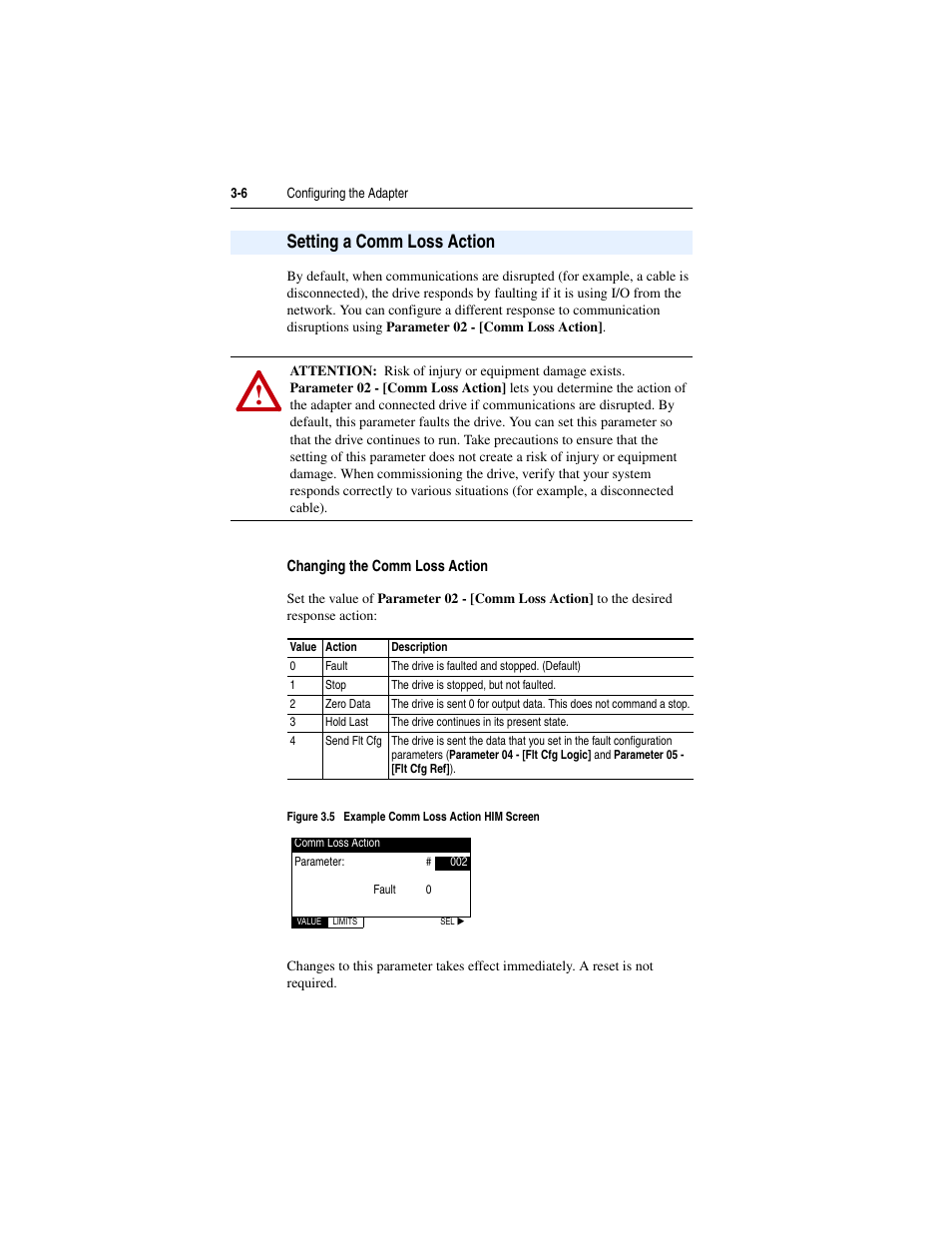 Setting a comm loss action, Changing the comm loss action, Setting a comm loss action -6 | Rockwell Automation 22-COMM-B PowerFlex BACnet MS/TP Adapter User Manual | Page 34 / 72