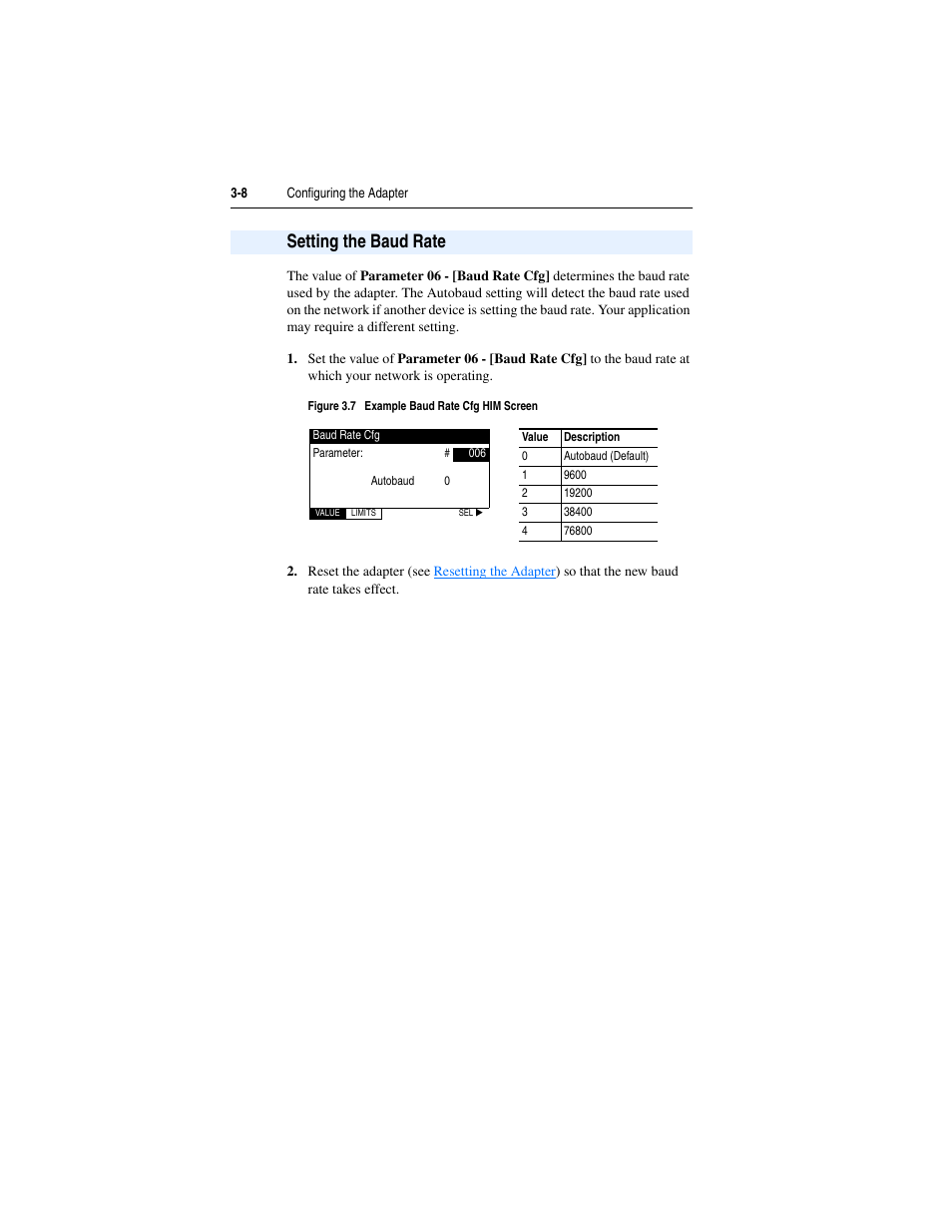 Setting the baud rate, Setting the baud rate -8 | Rockwell Automation 22-COMM-B PowerFlex BACnet MS/TP Adapter User Manual | Page 36 / 72