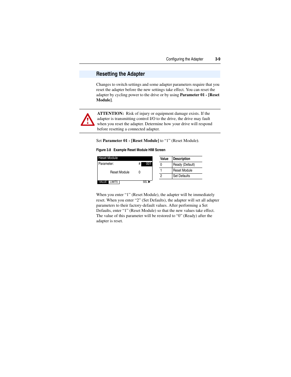 Resetting the adapter, Resetting the adapter -9 | Rockwell Automation 22-COMM-B PowerFlex BACnet MS/TP Adapter User Manual | Page 37 / 72