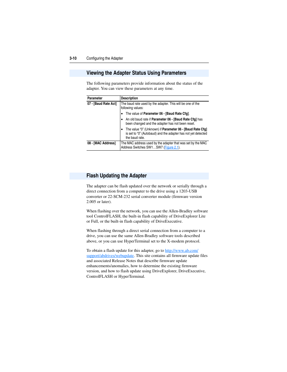 Viewing the adapter status using parameters, Flash updating the adapter | Rockwell Automation 22-COMM-B PowerFlex BACnet MS/TP Adapter User Manual | Page 38 / 72