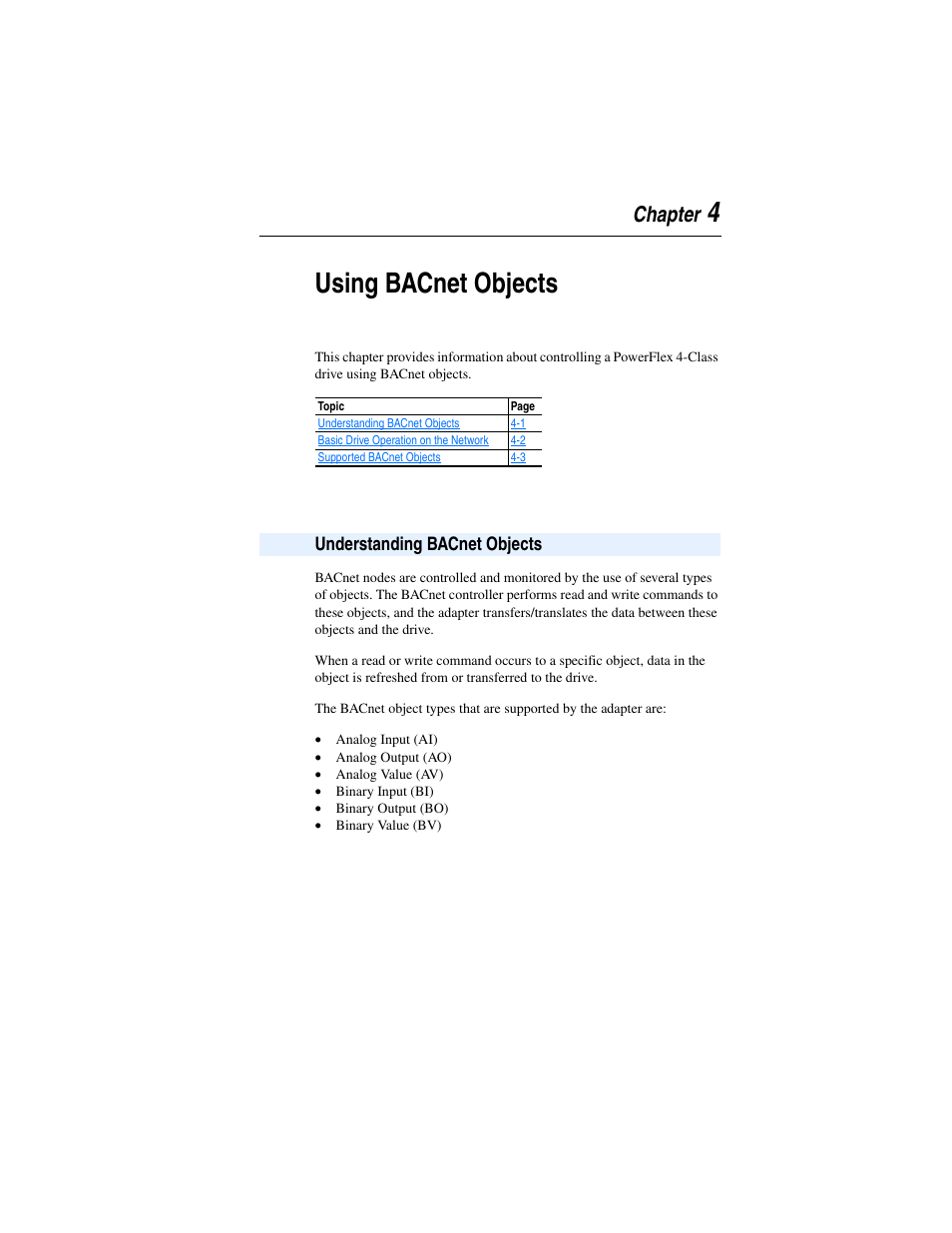 Chapter 4, Using bacnet objects, Understanding bacnet objects | Understanding bacnet objects -1, 4using bacnet objects | Rockwell Automation 22-COMM-B PowerFlex BACnet MS/TP Adapter User Manual | Page 39 / 72