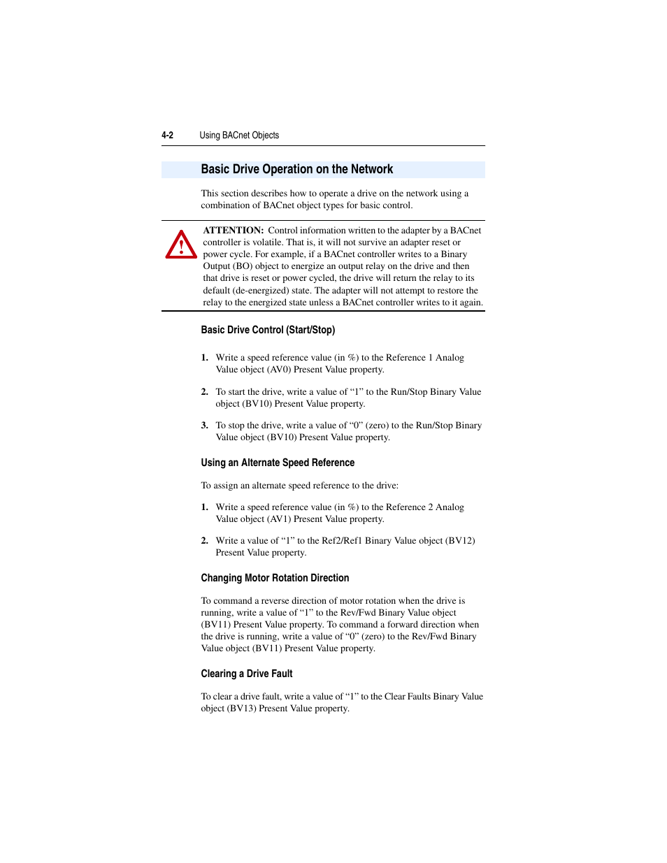 Basic drive operation on the network, Basic drive control (start/stop), Using an alternate speed reference | Changing motor rotation direction, Clearing a drive fault, Basic drive operation on the network -2 | Rockwell Automation 22-COMM-B PowerFlex BACnet MS/TP Adapter User Manual | Page 40 / 72