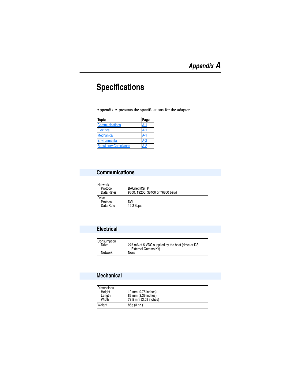 Appendix a, Specifications, Communications | Electrical, Mechanical, Aspecifications | Rockwell Automation 22-COMM-B PowerFlex BACnet MS/TP Adapter User Manual | Page 51 / 72