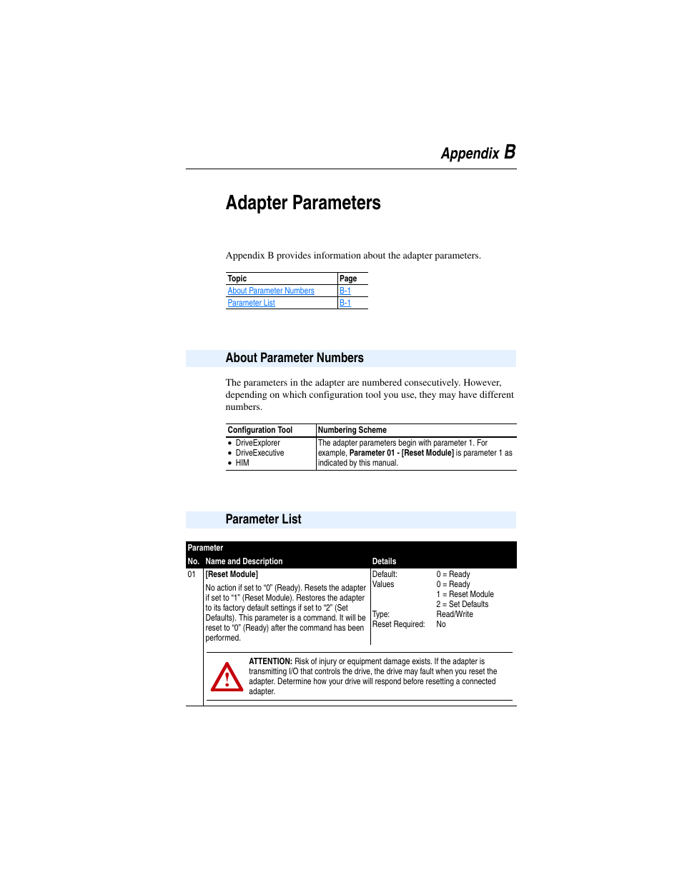 Appendix b, Adapter parameters, About parameter numbers | Parameter list, Badapter parameters | Rockwell Automation 22-COMM-B PowerFlex BACnet MS/TP Adapter User Manual | Page 53 / 72