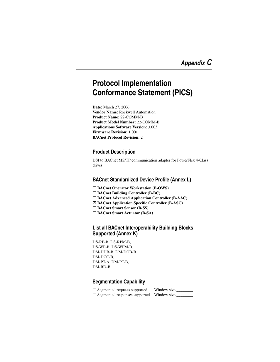 Appendix c, Product description, Bacnet standardized device profile (annex l) | Segmentation capability | Rockwell Automation 22-COMM-B PowerFlex BACnet MS/TP Adapter User Manual | Page 57 / 72