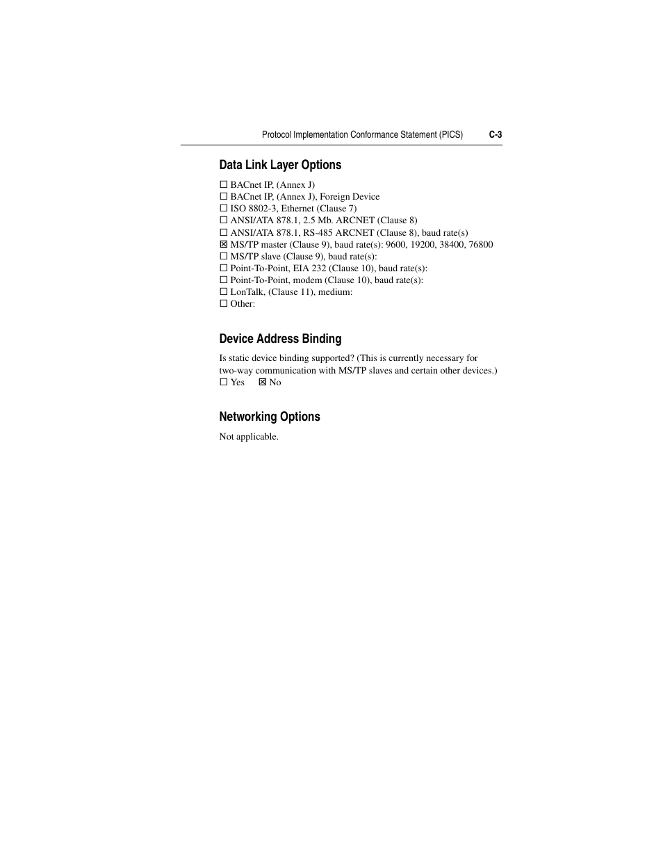 Data link layer options, Device address binding, Networking options | Rockwell Automation 22-COMM-B PowerFlex BACnet MS/TP Adapter User Manual | Page 59 / 72