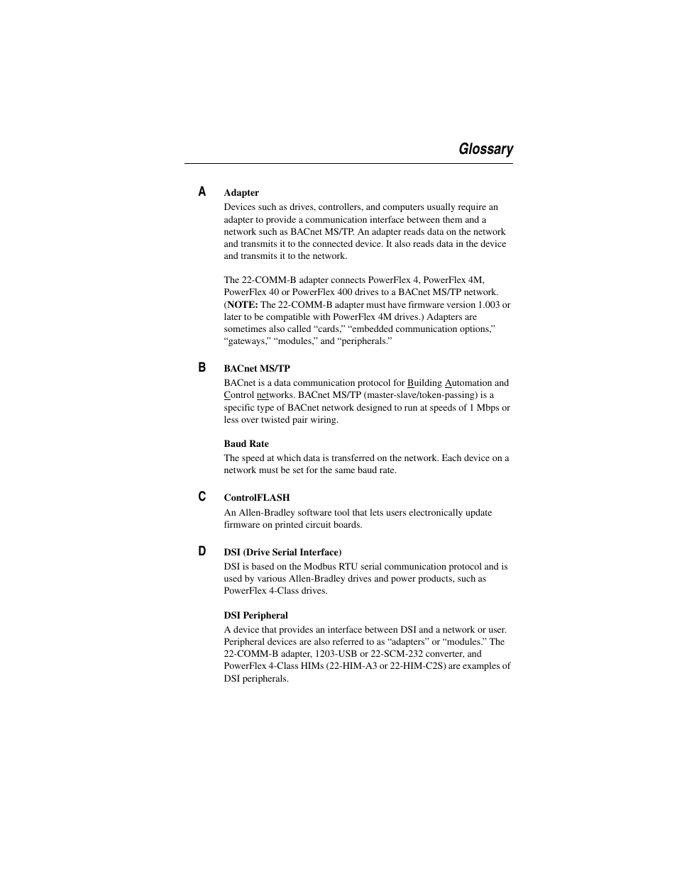 Glossary | Rockwell Automation 22-COMM-B PowerFlex BACnet MS/TP Adapter User Manual | Page 63 / 72