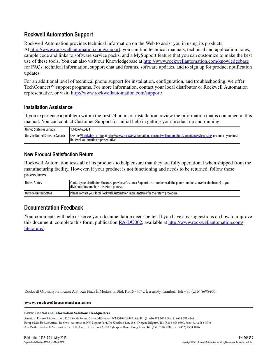 Rockwell automation support, Documentation feedback | Rockwell Automation 1336S_E Drive Multipulse Bridge Assembly User Manual | Page 14 / 14