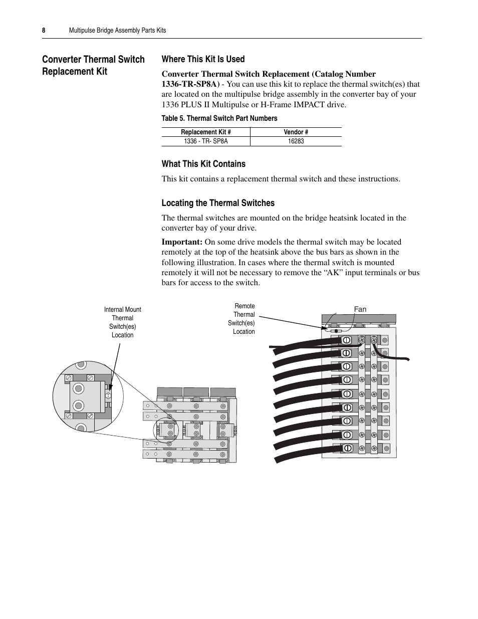 Converter thermal switch replacement kit, Where this kit is used, What this kit contains | Locating the thermal switches | Rockwell Automation 1336S_E Drive Multipulse Bridge Assembly User Manual | Page 8 / 14