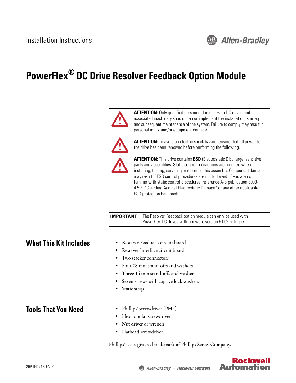 Rockwell Automation 20P-RES-A0 PowerFlex DC Drive Resolver Feedback Option Module User Manual | 18 pages