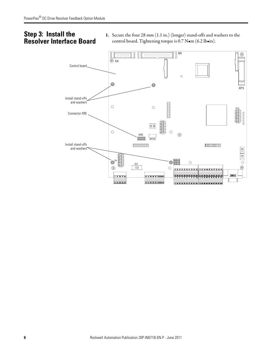 Step 3: install the resolver interface board | Rockwell Automation 20P-RES-A0 PowerFlex DC Drive Resolver Feedback Option Module User Manual | Page 6 / 18