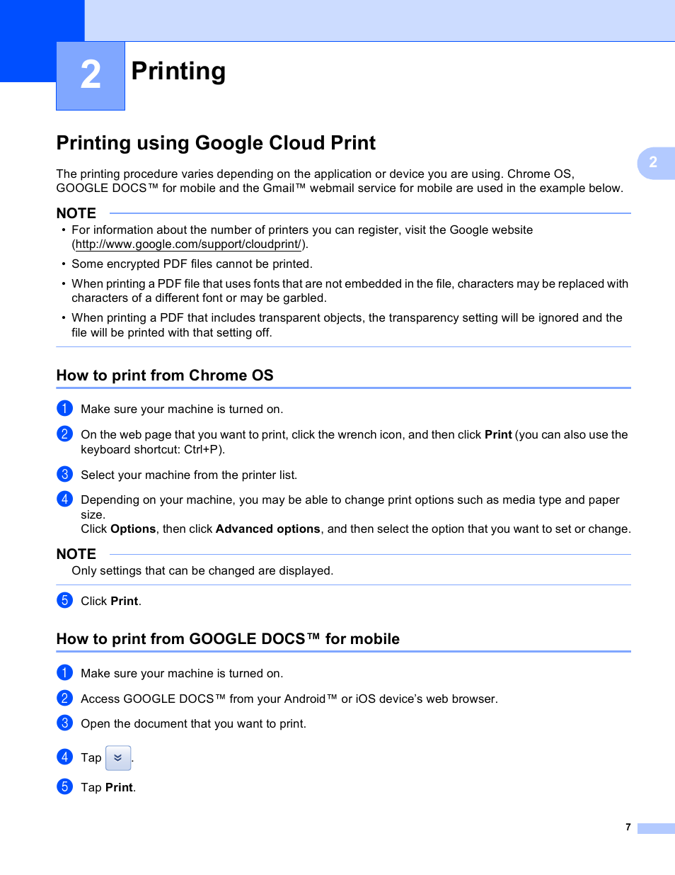 2 printing, Printing using google cloud print, How to print from chrome os | How to print from google docs™ for mobile, Printing | Brother Google Cloud Print Version 0 User Manual | Page 10 / 13