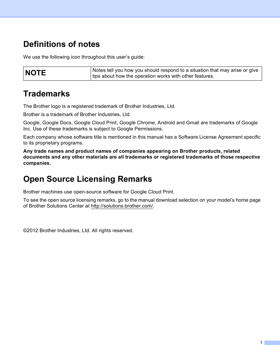 Definitions of notes, Trademarks, Open source licensing remarks | Brother Google Cloud Print Version 0 User Manual | Page 2 / 13