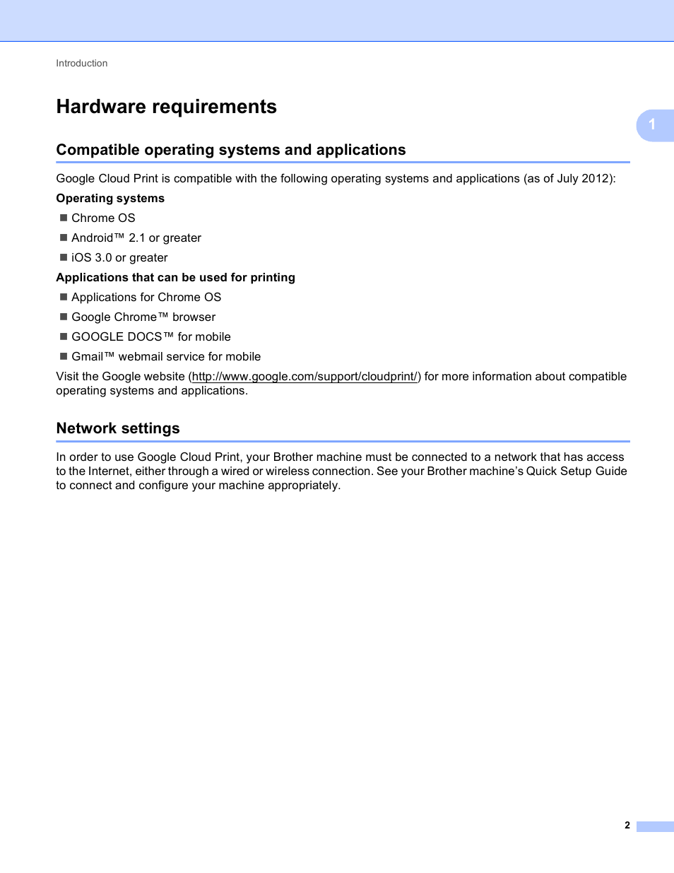 Hardware requirements, Compatible operating systems and applications, Network settings | Brother Google Cloud Print Version 0 User Manual | Page 5 / 13