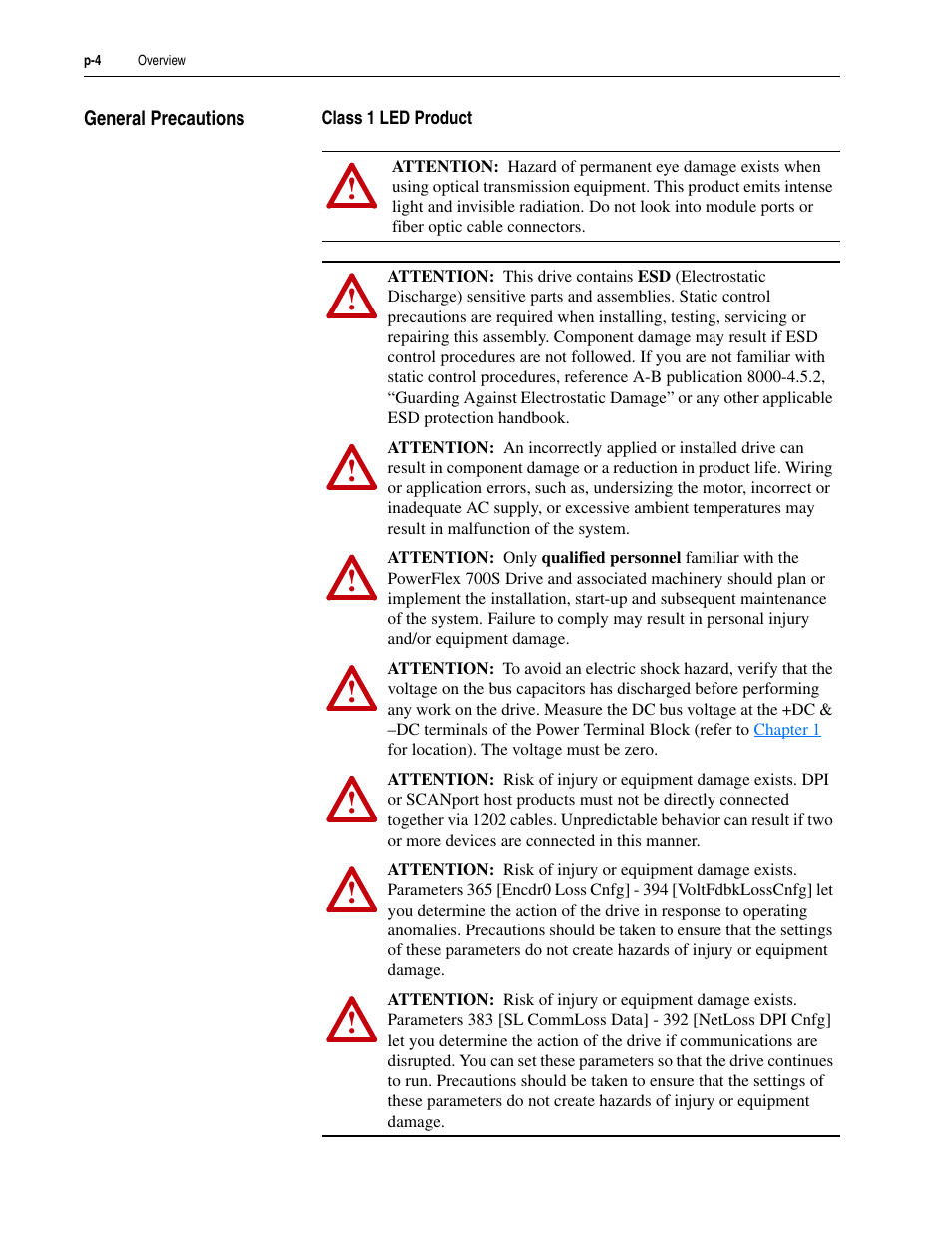 General precautions, Class 1 led product, Preface-4 | Rockwell Automation 20D PowerFlex 700S Drive Ph I Control, Frames 1...11 User Manual | Page 12 / 248