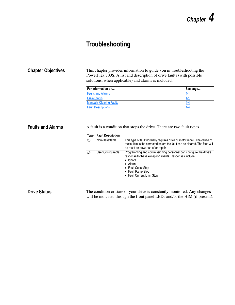 Chapter 4 - troubleshooting, Chapter objectives, Faults and alarms | Drive status, Chapter 4, Troubleshooting, Chapter | Rockwell Automation 20D PowerFlex 700S Drive Ph I Control, Frames 1...11 User Manual | Page 155 / 248