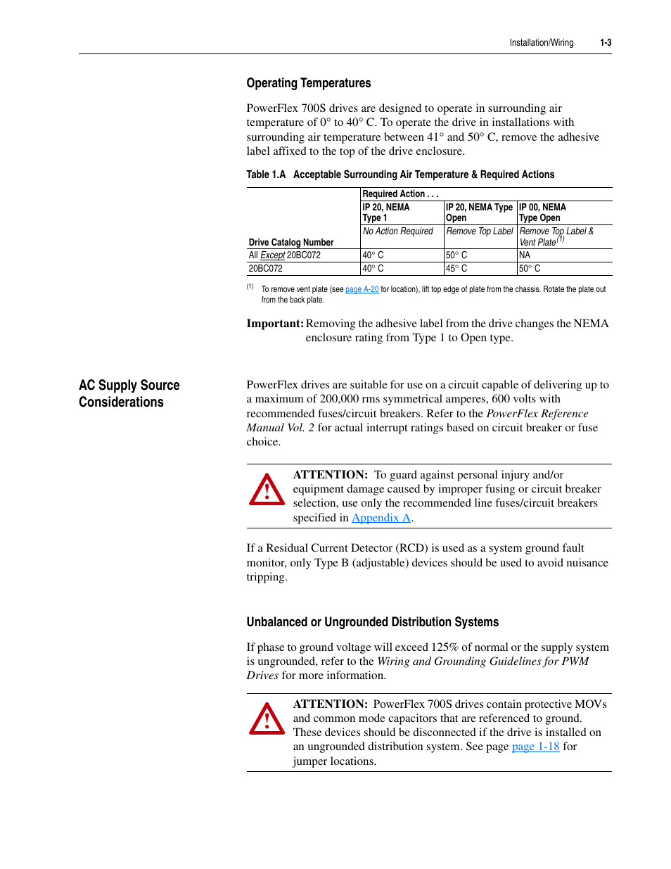 Operating temperatures, Ac supply source considerations, Unbalanced or ungrounded distribution systems | Operating temperatures -3, Ac supply source considerations -3, Unbalanced or ungrounded distribution systems -3 | Rockwell Automation 20D PowerFlex 700S Drive Ph I Control, Frames 1...11 User Manual | Page 17 / 248