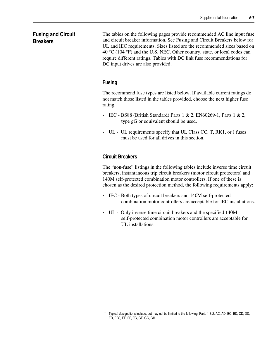 Fuse type, Fusing and circuit breakers | Rockwell Automation 20D PowerFlex 700S Drive Ph I Control, Frames 1...11 User Manual | Page 171 / 248