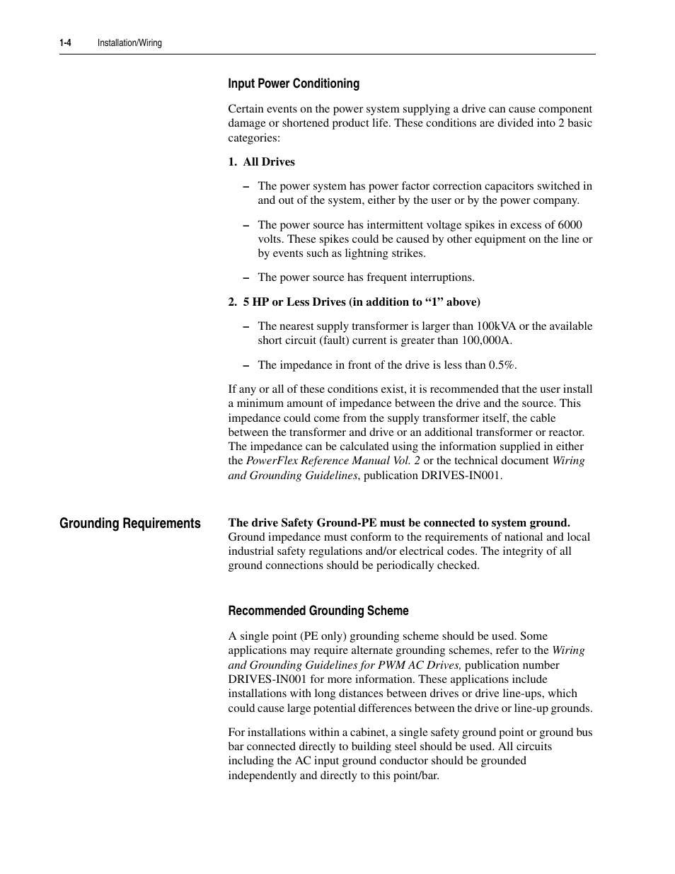 Input power conditioning, Grounding requirements, Recommended grounding scheme | Input power conditioning -4, Grounding requirements -4, Recommended grounding scheme -4 | Rockwell Automation 20D PowerFlex 700S Drive Ph I Control, Frames 1...11 User Manual | Page 18 / 248