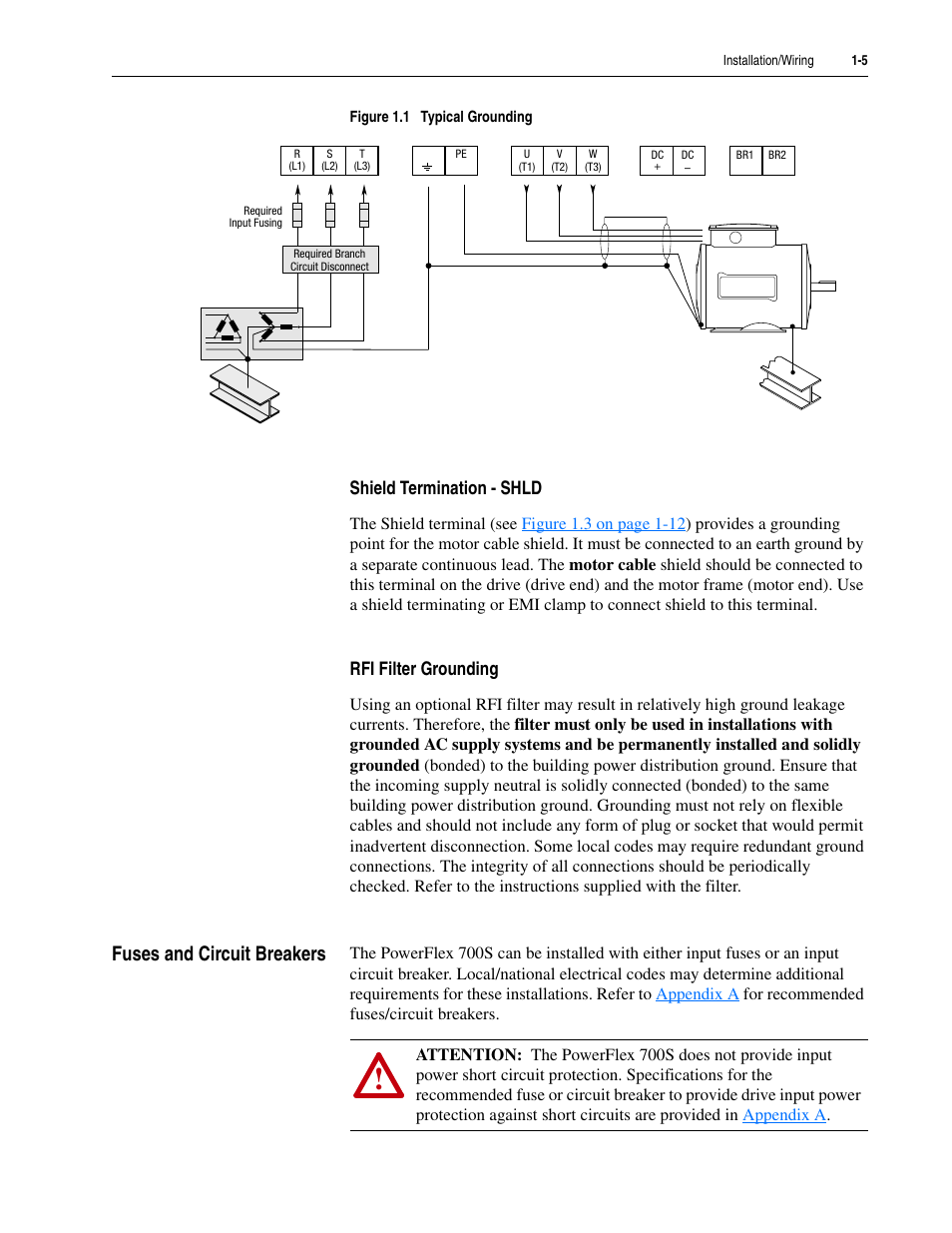 Shield termination - shld, Rfi filter grounding, Fuses and circuit breakers | Fuses and circuit breakers -5 | Rockwell Automation 20D PowerFlex 700S Drive Ph I Control, Frames 1...11 User Manual | Page 19 / 248