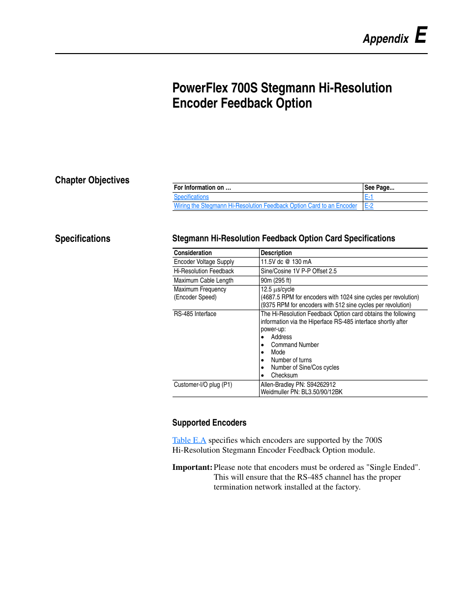 Chapter objectives, Specifications, Supported encoders | Appendix e, For a, Appendix, Chapter objectives specifications | Rockwell Automation 20D PowerFlex 700S Drive Ph I Control, Frames 1...11 User Manual | Page 221 / 248