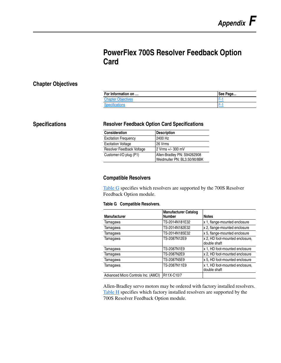 Chapter objectives, Specifications, Resolver feedback option card specifications | Compatible resolvers, Appendix f, Powerflex 700s resolver feedback option card, Appendix, Chapter objectives specifications | Rockwell Automation 20D PowerFlex 700S Drive Ph I Control, Frames 1...11 User Manual | Page 227 / 248