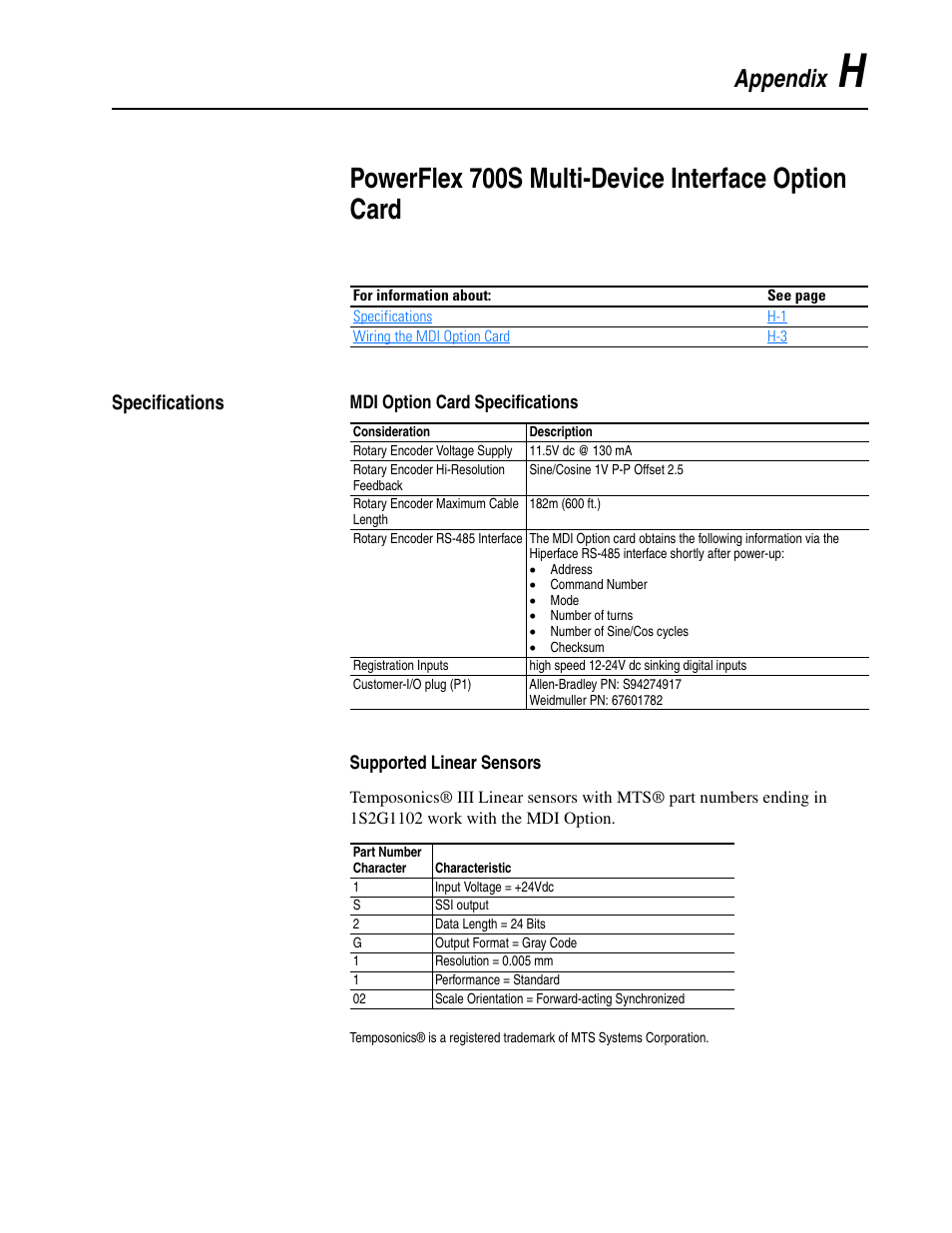 Specifications, Mdi option card specifications, Supported linear sensors | Appendix h, Powerflex 700s multi-device interface option card, Appendix | Rockwell Automation 20D PowerFlex 700S Drive Ph I Control, Frames 1...11 User Manual | Page 235 / 248