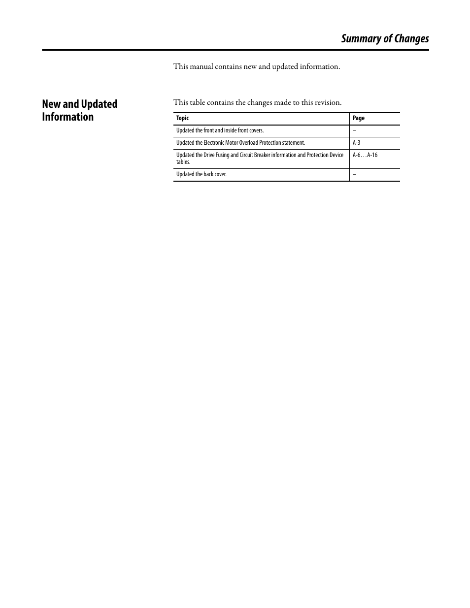 Summary of changes, New and updated information | Rockwell Automation 20D PowerFlex 700S Drive Ph I Control, Frames 1...11 User Manual | Page 3 / 248