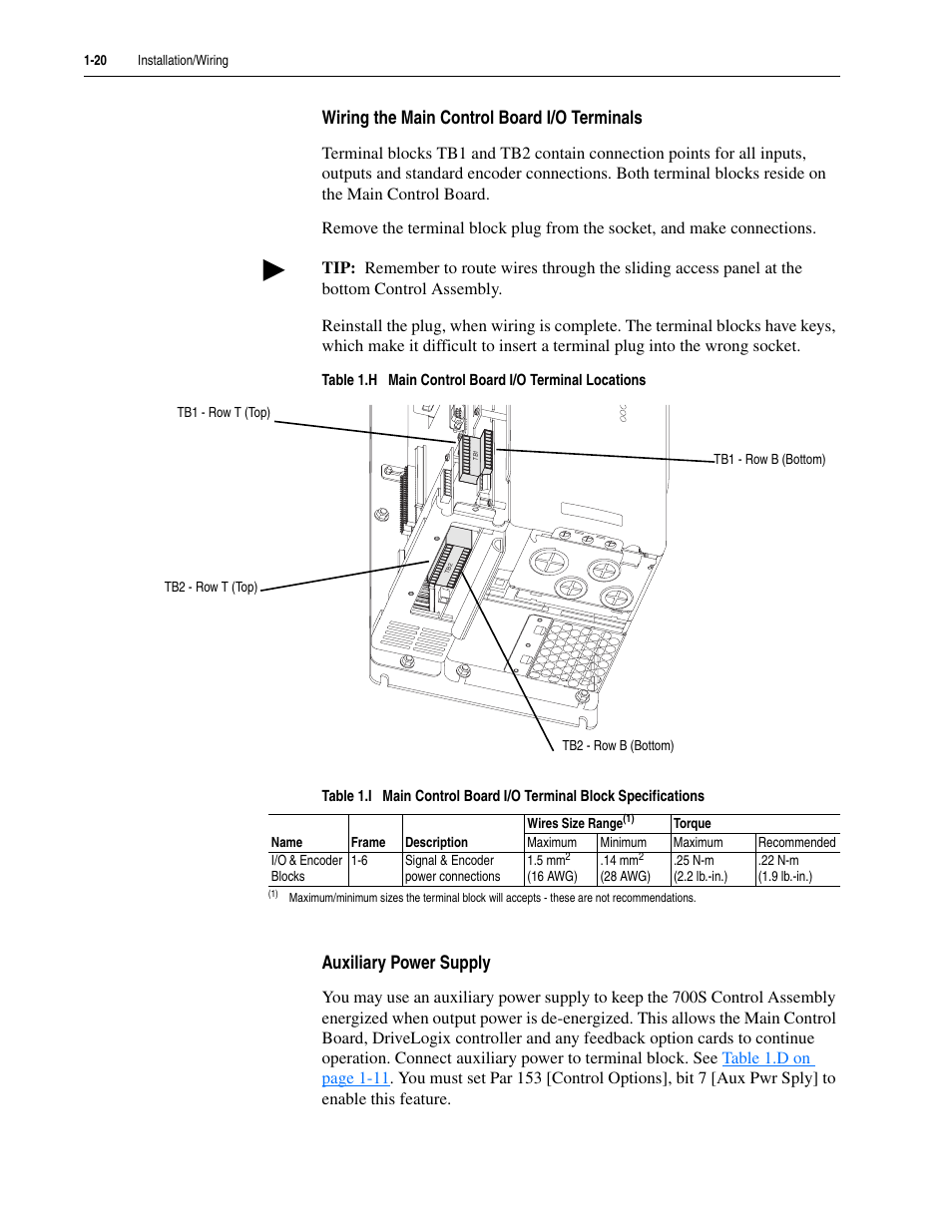 Wiring the main control board i/o terminals, Auxiliary power supply | Rockwell Automation 20D PowerFlex 700S Drive Ph I Control, Frames 1...11 User Manual | Page 34 / 248