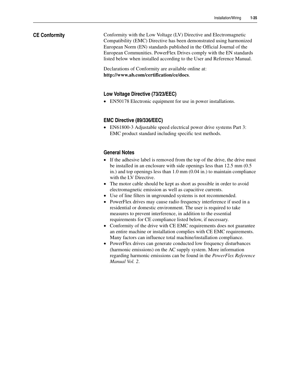 Ce conformity, Low voltage directive (73/23/eec), Emc directive (89/336/eec) | General notes, Ce conformity -35 | Rockwell Automation 20D PowerFlex 700S Drive Ph I Control, Frames 1...11 User Manual | Page 49 / 248