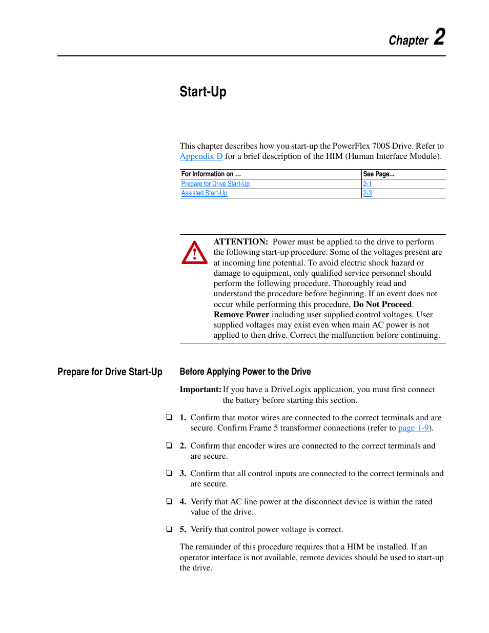 Chapter 2 - start-up, Prepare for drive start-up, Before applying power to the drive | Chapter 2, Start-up, Prepare for drive start-up -1, Before applying power to the drive -1, Chapter | Rockwell Automation 20D PowerFlex 700S Drive Ph I Control, Frames 1...11 User Manual | Page 51 / 248