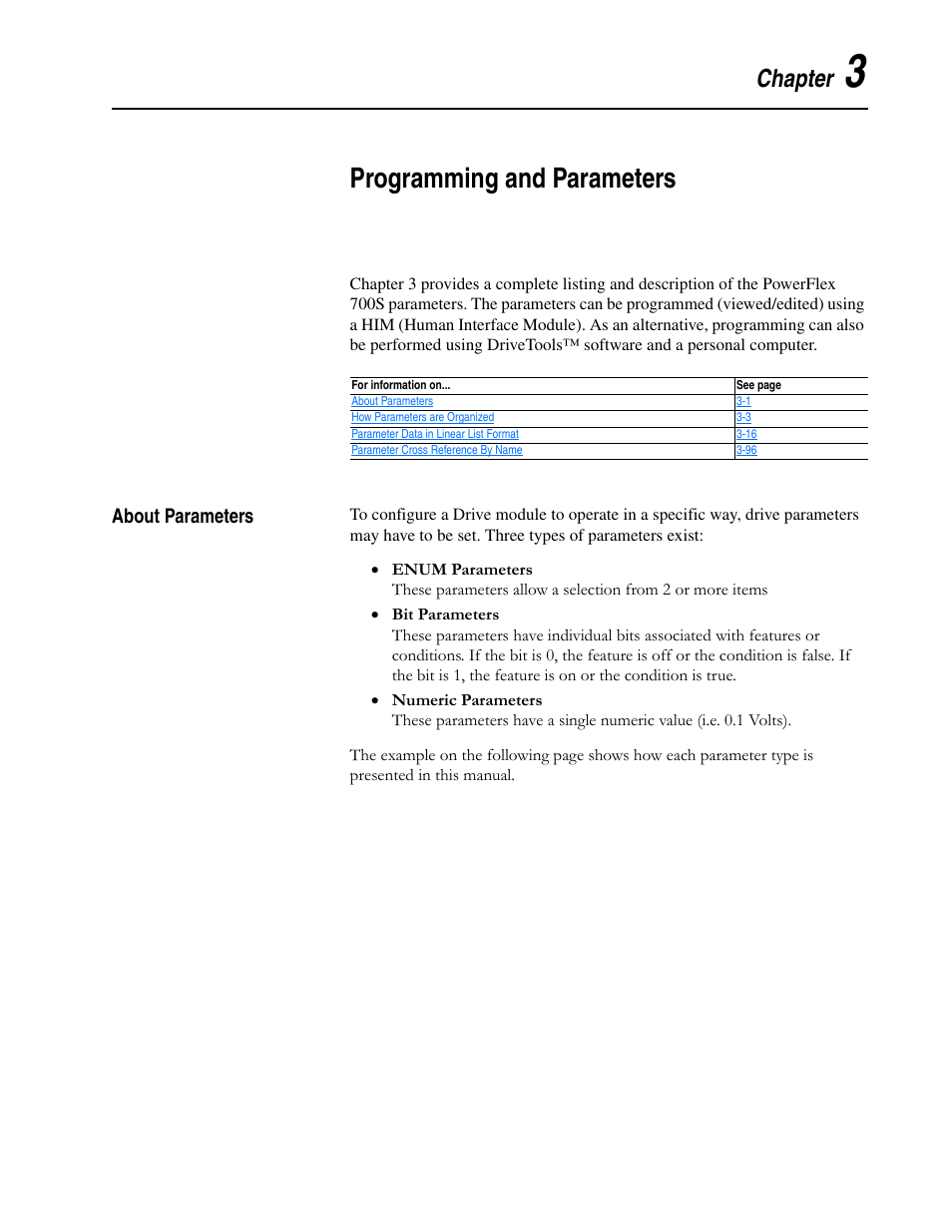 Chapter 3 - programming and parameters, About parameters, Chapter 3 | Programming and parameters, About parameters -1, Chapter | Rockwell Automation 20D PowerFlex 700S Drive Ph I Control, Frames 1...11 User Manual | Page 55 / 248