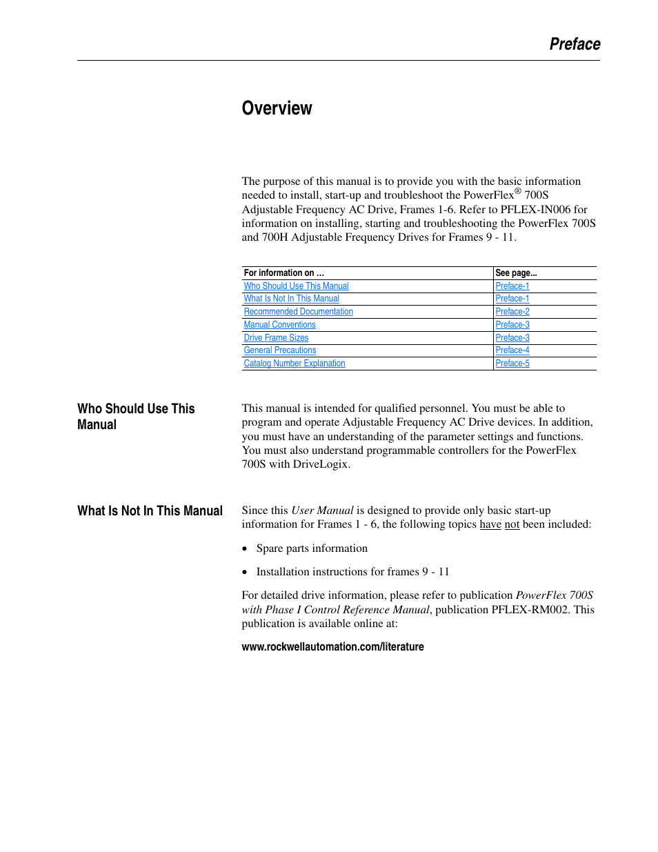 Overview, Who should use this manual, What is not in this manual | Preface | Rockwell Automation 20D PowerFlex 700S Drive Ph I Control, Frames 1...11 User Manual | Page 9 / 248